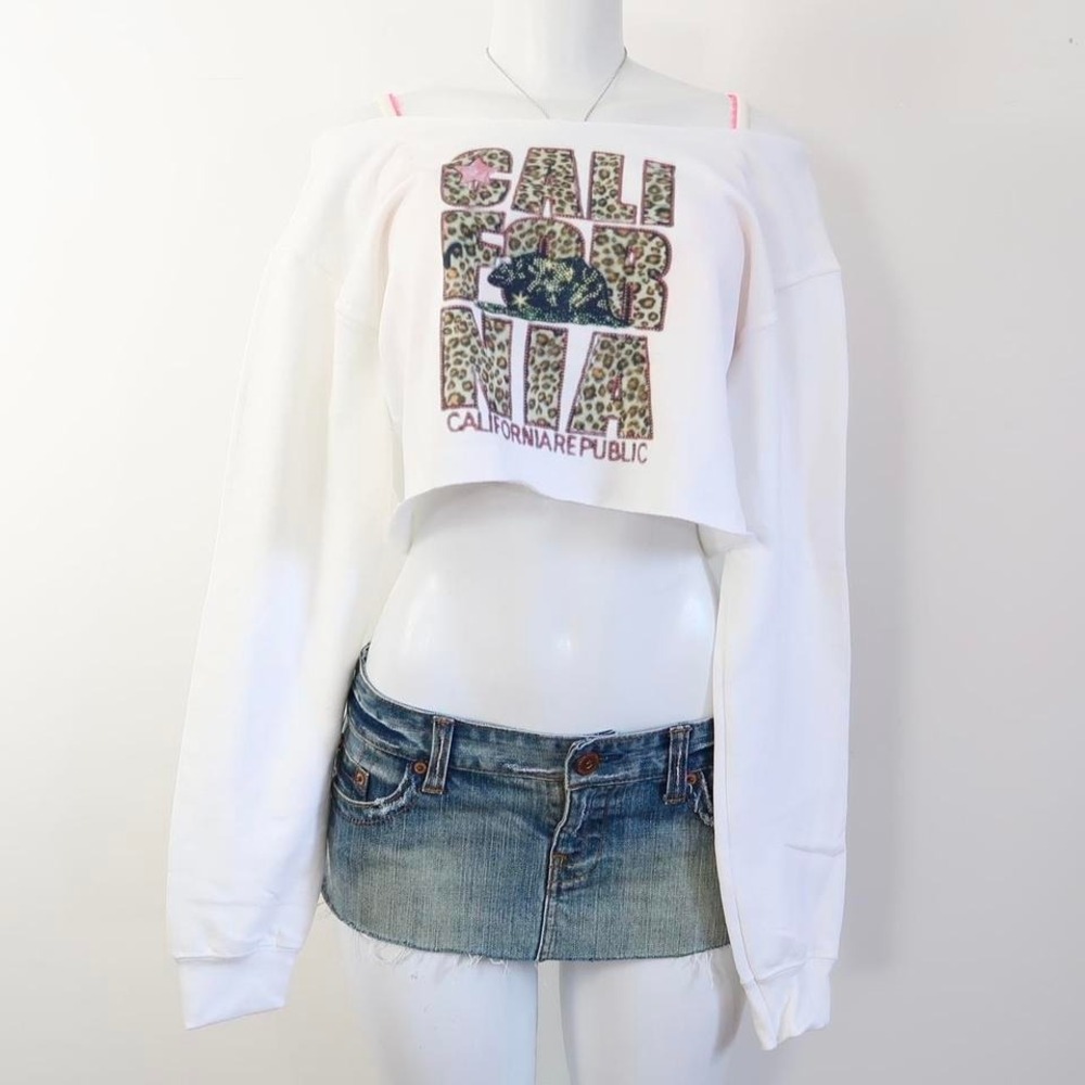 y2k california republic leopard graphic cropped sweatshirt off shoulder